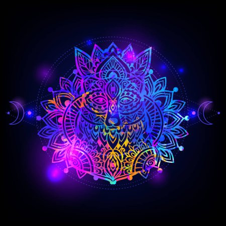 Illustration for Bear Mandala space. Psychedelic pattern. Vector illustration. Zen Boho art. Decorative mystical, hippie, hallucination psilocybin 60s 70s - Royalty Free Image