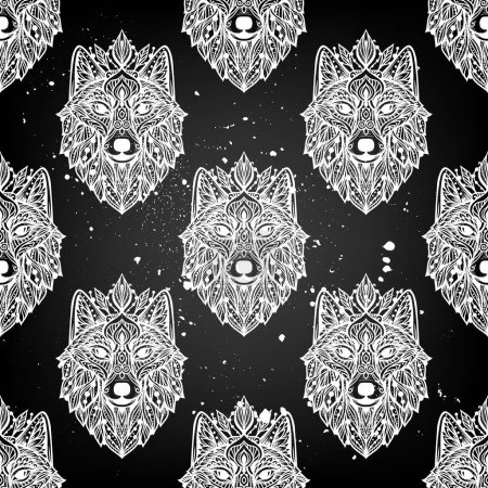Ilustración de Mandala de lobo. Ilustración del patrón vectorial. Animal salvaje esotérico, espiritual en estilo boho zen. Impresión hippie en blanco y negro - Imagen libre de derechos