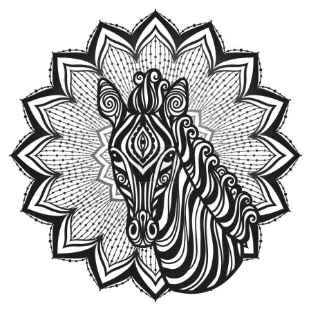Téléchargez les illustrations : Zebra mandala. Illustration vectorielle. Coloriage adulte. Animal dans le style boho zen. Sacré, pacifique. Ornements d'impression de tatouage. Noir et blanc - en licence libre de droit