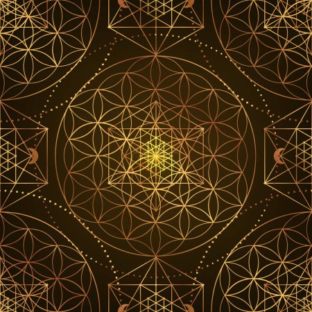 Téléchargez les illustrations : Modèle de symbole de géométrie sacrée. Illustration vectorielle. Fleur de vie ésotérique mystique. Graine d'or de la vie. Mandala fleur de lotus sur fond noir - en licence libre de droit
