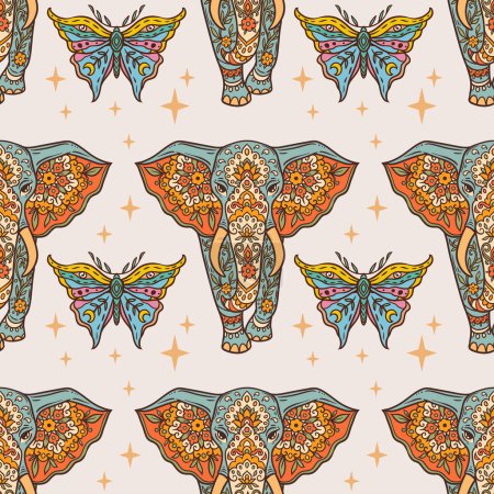 Ilustración de Elefante hippie retro con mariposa. Patrón vectorial. Dibujo Flower Power. Naturaleza animal en estilo boho zen. 70s 60s verano groovy - Imagen libre de derechos