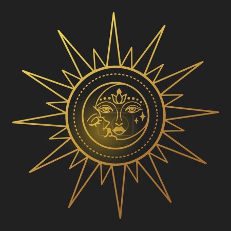 Illustration for Sun gold vector illustration, hand drawn celestial boho line art logo, icons and symbol mystic moon tattoo elements for decoration. - Royalty Free Image