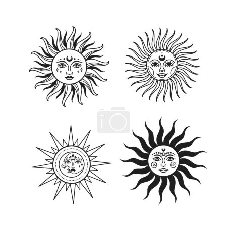 Illustration for Sun vector illustration set, hand drawn celestial boho line art logo, icons and symbol mystic moon tattoo elements for decoration. - Royalty Free Image