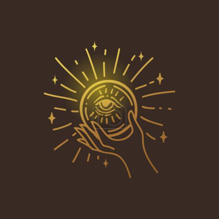 Illustration for Crystal ball vector illustration, hand drawn celestial boho line art logo, icons and symbol mystic ocult tattoo elements for decoration. - Royalty Free Image