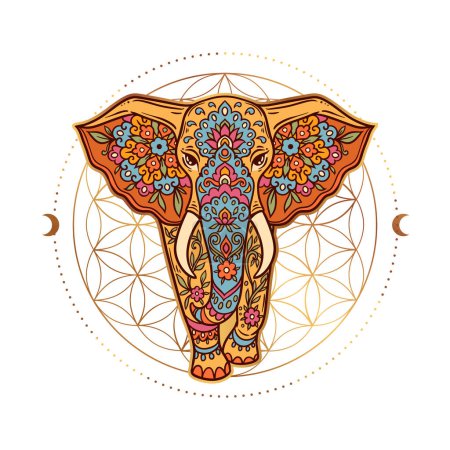 Illustration for Elephant mandala Retro. Animal Vector illustration Ornamental flower in Zen boho style. Retro Magic drawing with sacred geometry - Royalty Free Image