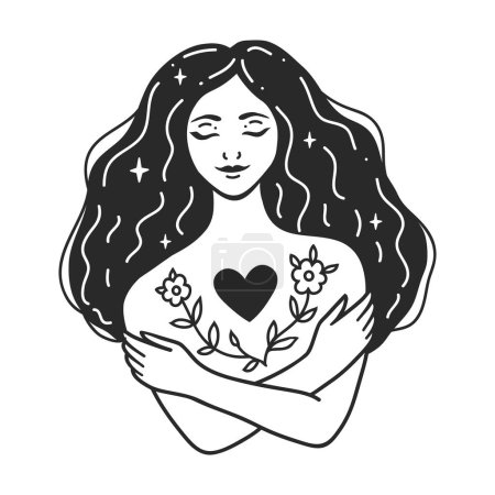 Illustration for Self care, love yourself health mindful. Feminine vector Illustrations. The woman hugs her shoulders. Card, valentines card. Doodle style - Royalty Free Image