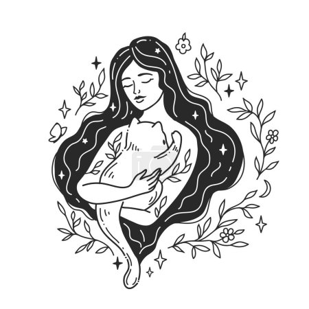 Illustration for Woman with pat cat. Self care, love yourself. Feminine vector Illustrations. Mental Healthcare. The woman harmony. Doodle style - Royalty Free Image
