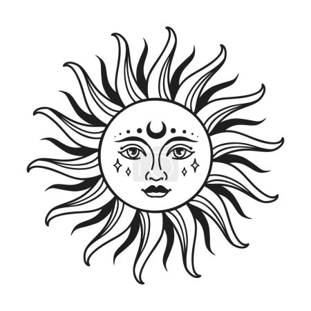 Ilustración de Ilustración del vector del sol, logotipo de arte de línea boho celeste dibujado a mano, iconos y símbolos elementos místicos del tatuaje de la luna para la decoración. - Imagen libre de derechos
