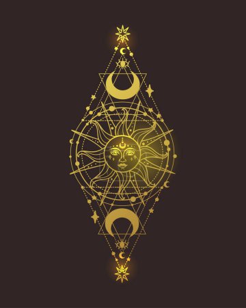 Illustration for Sun vector, Sacred Geometry magic and esoteric philosophies tattoo celestial boho line art tatoo, vintage engraving style gold - Royalty Free Image