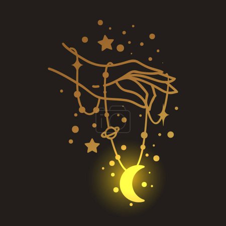 Illustration for Hand moon line art vector design, hand drawn celestial boho logo or emblem. Magic Symbol for decoration cosmetics, market and packaging or beauty products - Royalty Free Image