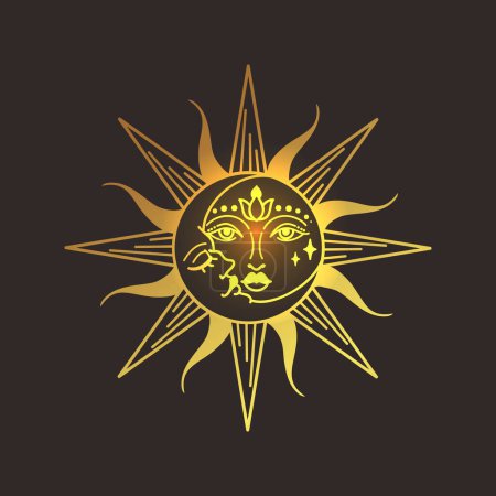 Ilustración de Ilustración de vectores de oro solar, logotipo de arte de línea boho celeste dibujado a mano, iconos y símbolos elementos de tatuaje de luna mística para la decoración. - Imagen libre de derechos