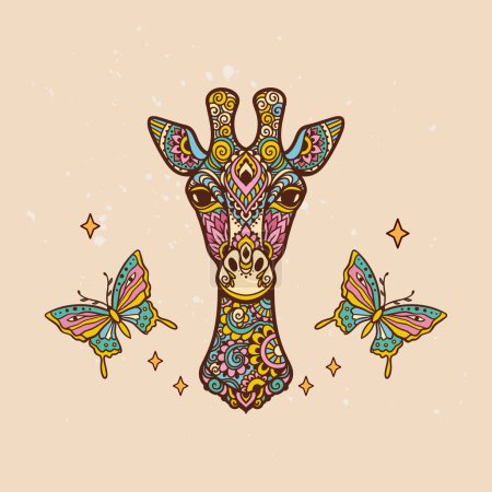Illustration for Giraffe mandala retro. Vector illustration. Flower Ethnic drawing. Giraffe animal nature in Zen boho style. With sacred geometry, butterfly - Royalty Free Image