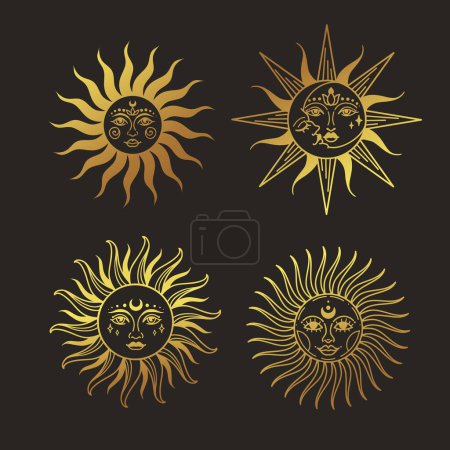 Illustration for Sun vector gold illustration, hand drawn celestial boho line art logo, icons and symbol mystic moon tattoo elements for decoration. - Royalty Free Image
