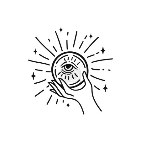 Téléchargez les illustrations : Illustration vectorielle de boule de cristal, logo d'art de ligne de boho céleste dessiné à la main, icônes et symboles éléments de tatouage mystique ocult pour la décoration. - en licence libre de droit