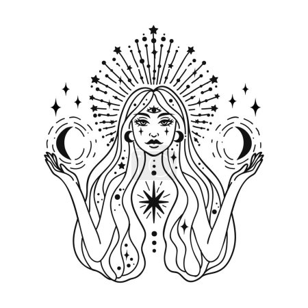 Illustration for Fairy girl with space hair. Astrology concept, fortune tellers, predictions. Logo vector illustration. Witchcraft, spirituality. Coloring book - Royalty Free Image