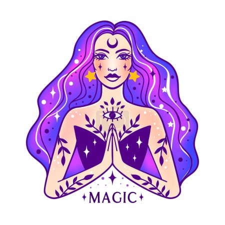 Illustration for Witch woman with stars. Monochrome black and white vector illustration. Halloween concept. Line art tattoo. Spirituality, magic - Royalty Free Image