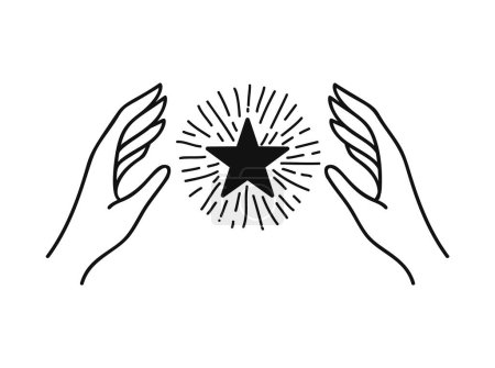Téléchargez les illustrations : Conception vectorielle d'art de ligne d'étoile de main, logo ou emblème céleste dessiné à la main de boho. Symbole magique pour les cosmétiques de décoration, le marché et l'emballage ou les produits de beauté - en licence libre de droit