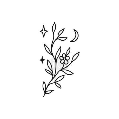 Ilustración de Hojas, flores con luna y estrella. Mano bosquejo vector elementos vintage. Ilustración vectorial. Doodle estilo lindo. - Imagen libre de derechos