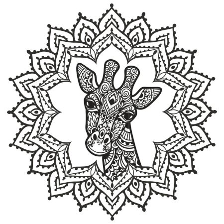Giraffe mandala. Vector illustration. Adult coloring page. animal in Zen boho style. Sacred, Peaceful. Tattoo print ornaments. black and white