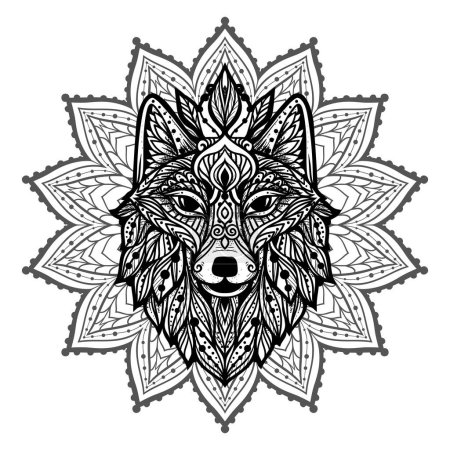 Illustration for Wolf mandala. Vector illustration. Adult coloring page. Wild Animal in Zen boho style. Sacred, Peaceful. Tattoo print ornaments. Black and white - Royalty Free Image
