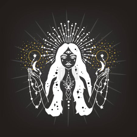 Illustration for Fairy girl with space hair. Astrology concept, fortune tellers, predictions. Logo vector illustration. Witchcraft, spirituality. - Royalty Free Image