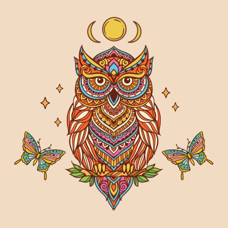 Illustration for Owl mandala retro with butterfly. Vector illustration. Flower Ethnic drawing. Owl bird animal nature in Zen boho style. Coloring page, hippie, eastern style - Royalty Free Image