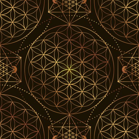 Pattern of Sacred Geometry Symbol. Vector illustration. Mystic esoteric Flower of Life. Golden Seed of life. Mandala lotus flower on black background