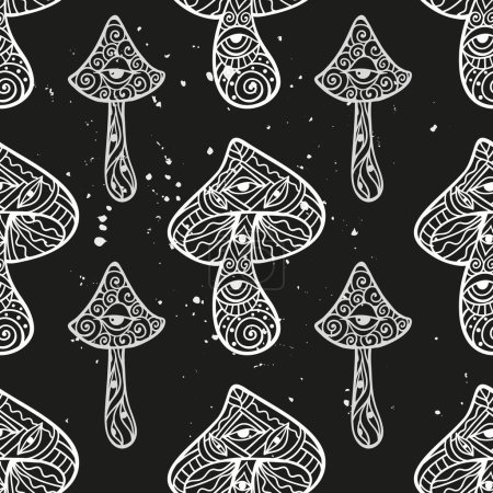 Mandala der Zauberpilze. Psychedelisches Muster. Vektorillustration. Zen Boho Kunst. Dekorative Pilze, Hippie, Halluzination Psilocybin 60er 70er Jahre