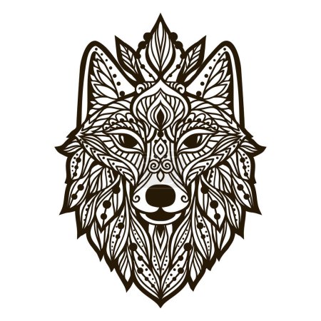 Illustration for Wolf mandala. Vector illustration. Adult coloring page. Spiritual Animal in Zen boho style. Sacred, Peaceful. Tattoo tribal print. Black and white - Royalty Free Image