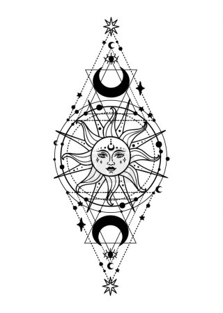 Illustration for Sun vector, Sacred Geometry magic and esoteric philosophies tattoo celestial boho line art tatoo, vintage style - Royalty Free Image