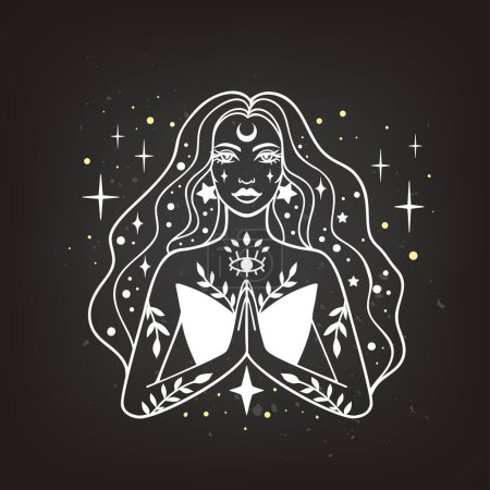 Fairy girl with space hair. Astrology and astronomy Business concept, fortune tellers, predictions, horoscope. Logo vector illustration. Witchcraft, spirituality.Monochrome
