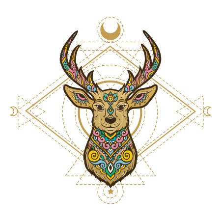 Ilustración de Mandala de ciervos. Animal Vector illustration Flor ornamental en estilo boho zen. Retro Magic dibujo oro geometría sagrada - Imagen libre de derechos