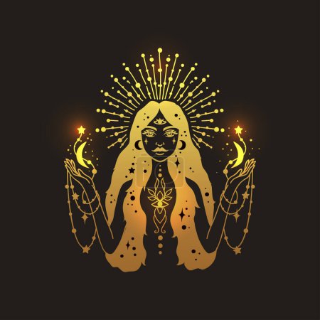 Illustration for Fairy girl with space hair golden color. Astrology concept, fortune tellers, predictions. Logo vector illustration. Witchcraft, spirituality. - Royalty Free Image