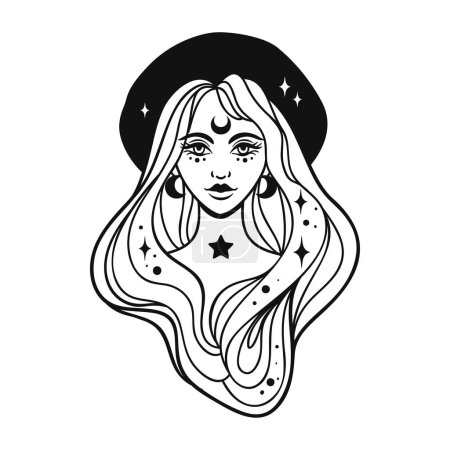 Ilustración de Mujer bruja con sombrero y estrellas. Ilustración vectorial monocromática en blanco y negro. Concepto de Halloween. Tatuaje de línea. Espiritualidad, magia - Imagen libre de derechos
