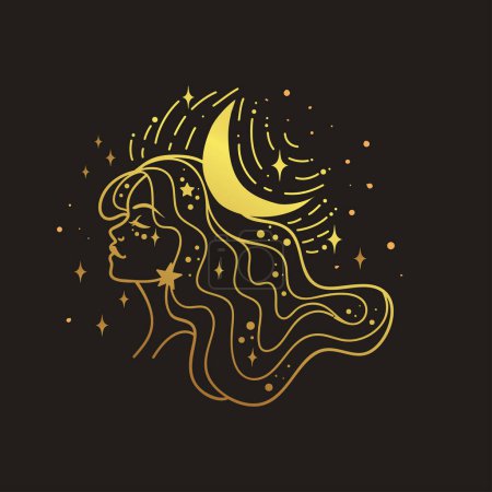 Illustration for Fairy golden girl with space hair. Astrology and astronomy Business concept, fortune tellers, predictions, horoscope. Logo vector illustration. Witchcraft, spirituality. - Royalty Free Image