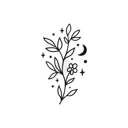 Illustration for Leaves, flowers with moon and star. Hand sketch vector vintage elements. Vector illustration. Doodle cute style. - Royalty Free Image