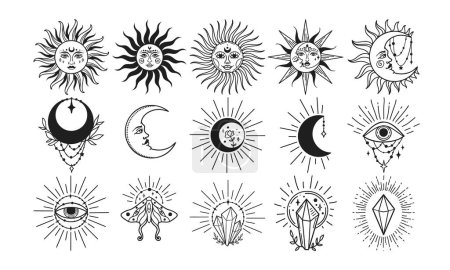 Illustration for Set of celestial and mystic magical elements vector illustration, hand drawn celestial boho line art logo, mystic for decoration - Royalty Free Image