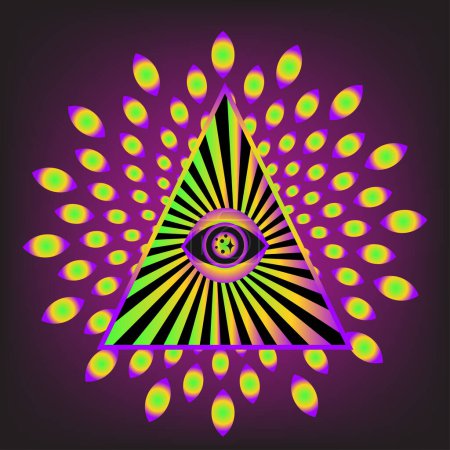 Ilustración de Ilusión óptica ocular psicodélica. Ilustración vectorial lineal. Magia símbolo de brujería celestial. Símbolo masónico. Logotipo o emblema dibujado a mano - Imagen libre de derechos