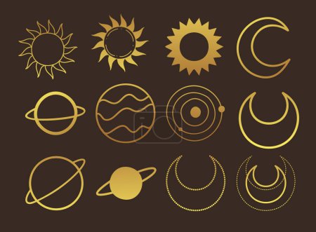 Ilustración de Objetos celestiales establecidos. Luna, sol, estrellas, planetas, nubes Ilustración vectorial lineal Mística y esotérica - Imagen libre de derechos