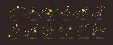 Téléchargez les illustrations : Illustration vectorielle de constellation. Signe du zodiaque. Des étoiles d'or. Tatouage d'art de ligne, Spiritualité magique - en licence libre de droit