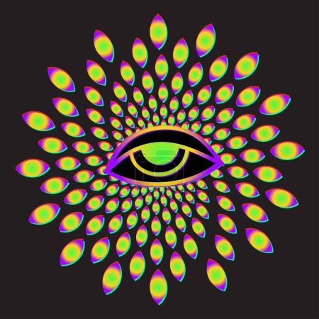 Ilusión óptica ocular psicodélica. Ilustración vectorial lineal. Magia símbolo de brujería celestial. Símbolo masónico. Logotipo o emblema dibujado a mano