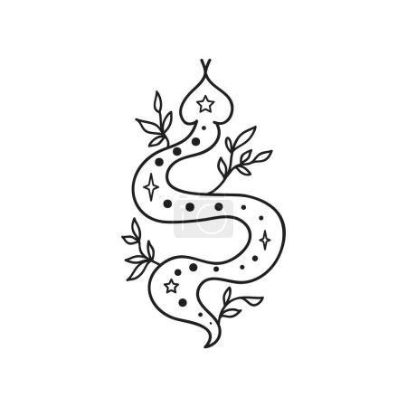 Illustration for Snake vector illustration, hand drawn celestial boho line art logo, mystic moon tattoo elements for decoration. - Royalty Free Image