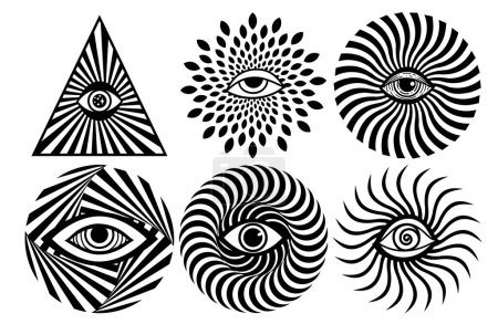 Ilusión óptica ocular. Ojo de la Providencia. Ilustración vectorial lineal. Magia símbolo de brujería celestial. Símbolo masónico. Logotipo o emblema dibujado a mano
