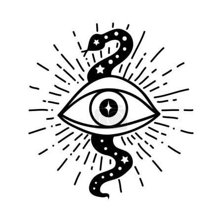 Illustration for Snake Eye boho. Lineart Vector illustration. Flower moon , Magic celestial witchcraft symbol. Masonic symbol. Hand drawn logo or emblem - Royalty Free Image