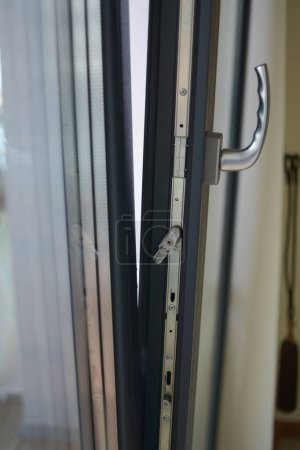 Photo for Plastic opened panoramic window in room at apartment, selective focus, shallow depth of field. Window details element. Panoramic windows of the apartment. - Royalty Free Image