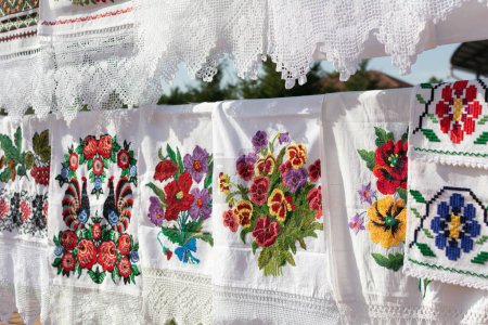 Rushniki with embroidery with a cross. Rushnik is decorative and ritual cloth made of linen or cotton it usually represents woven or embroidered designs, symbols and cryptograms.