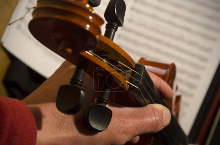 Téléchargez les photos : Hand taking classical music wooden violin with strings and pegs - en image libre de droit