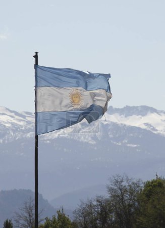 Foto de Bandera de la República Argentina llevaba aleteo con montañas y nieve en el fondo. símbolo nacional - Imagen libre de derechos