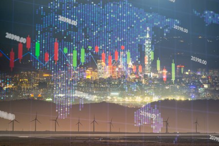 Tableau de chandelier de marché boursier en évolution rapide sur la carte du monde holographique. Nuages et brouillard dérivent sur la ville, et la lumière glacée colorée brille.