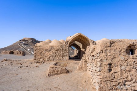 The historic Zoroastrian cemetery under a clear sky. Cultural heritage building, Tower of Silence, Yazd, Iran.